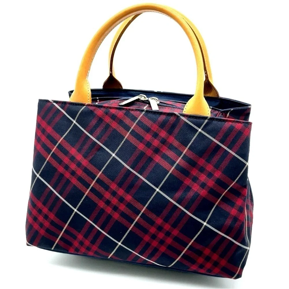 Auth Burberry Nova Check Blue Label Canvas Leather Black Red Handbag